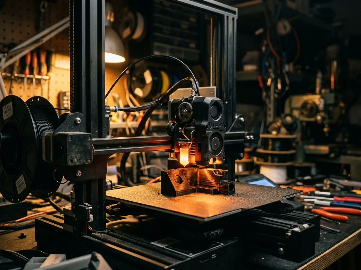 The Ignite 3D workshop: racks of printers mid-run, spools of filament, and a workbench scattered with tools