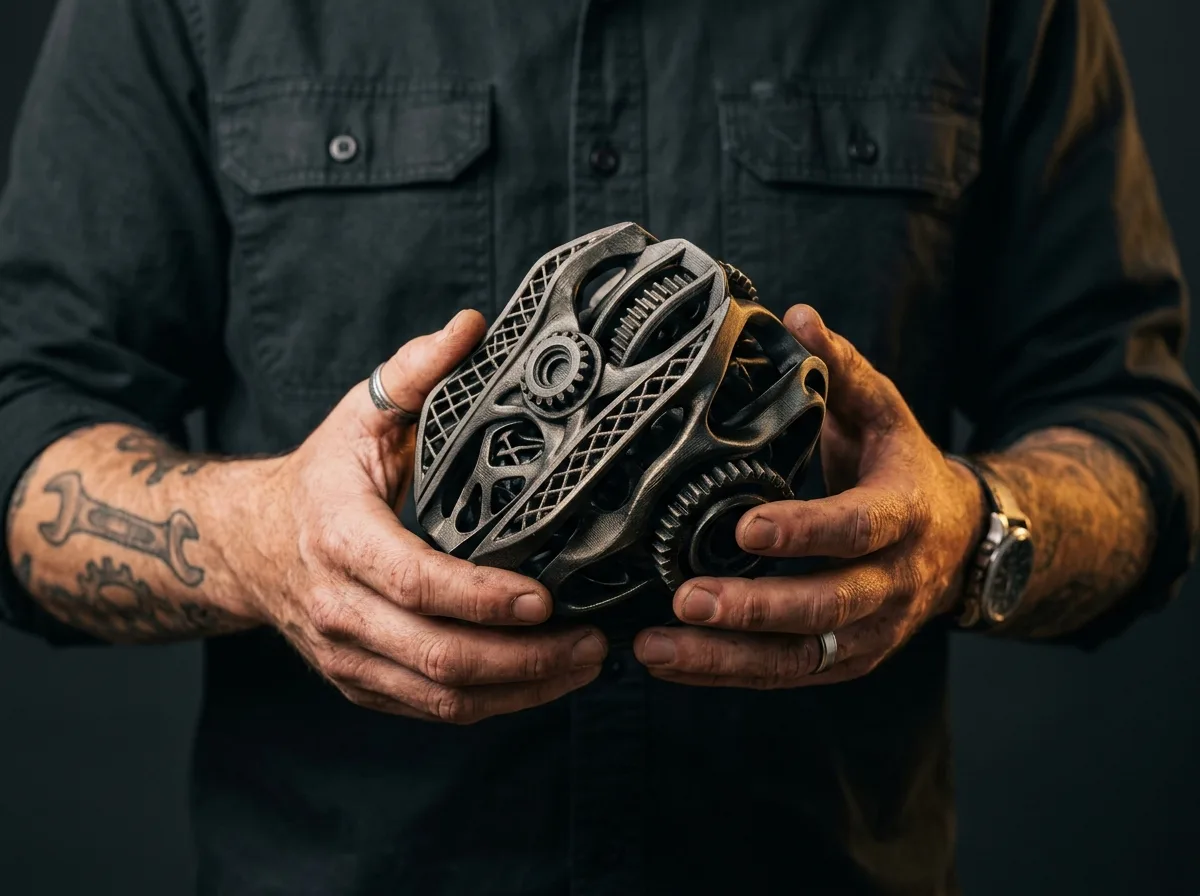 Hands post-processing a 3D print on a workbench with cleanup tools