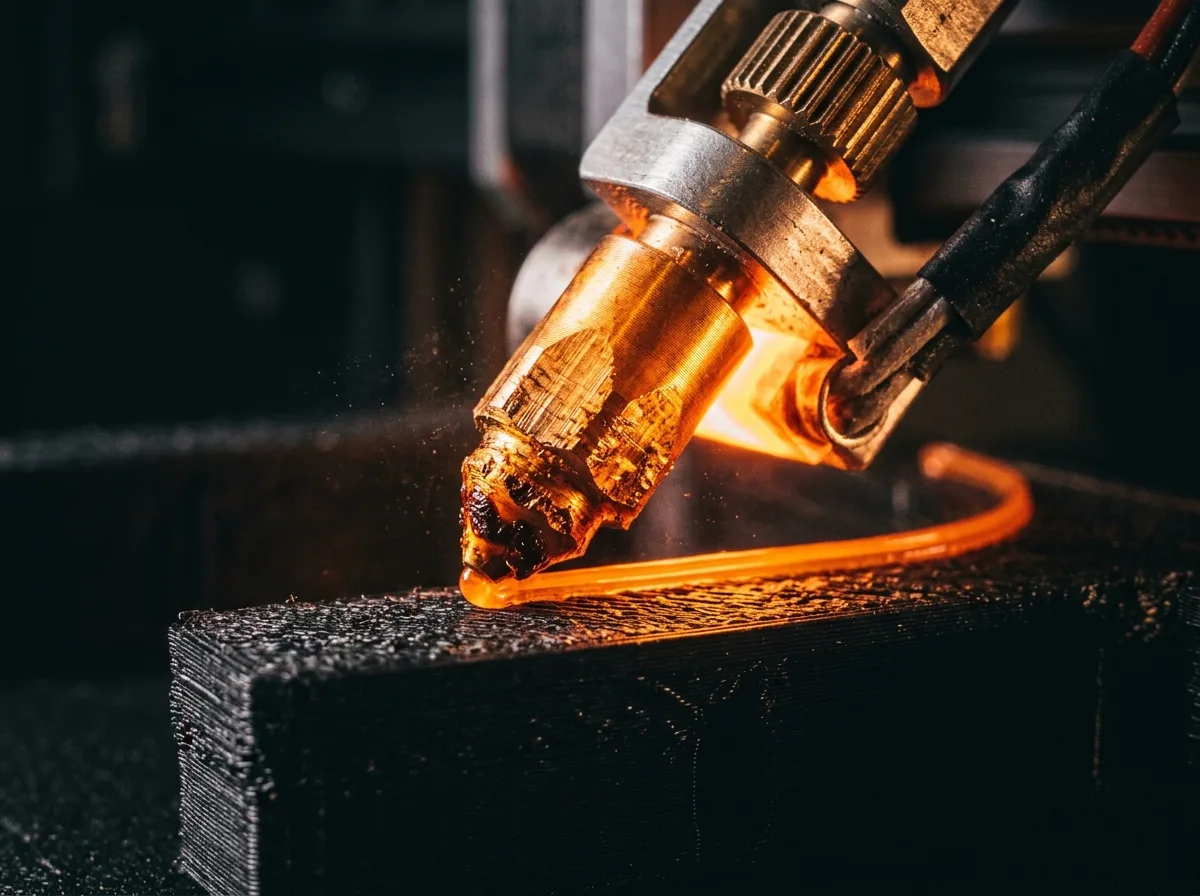 FDM printer mid-print with a glowing hot end laying down orange filament